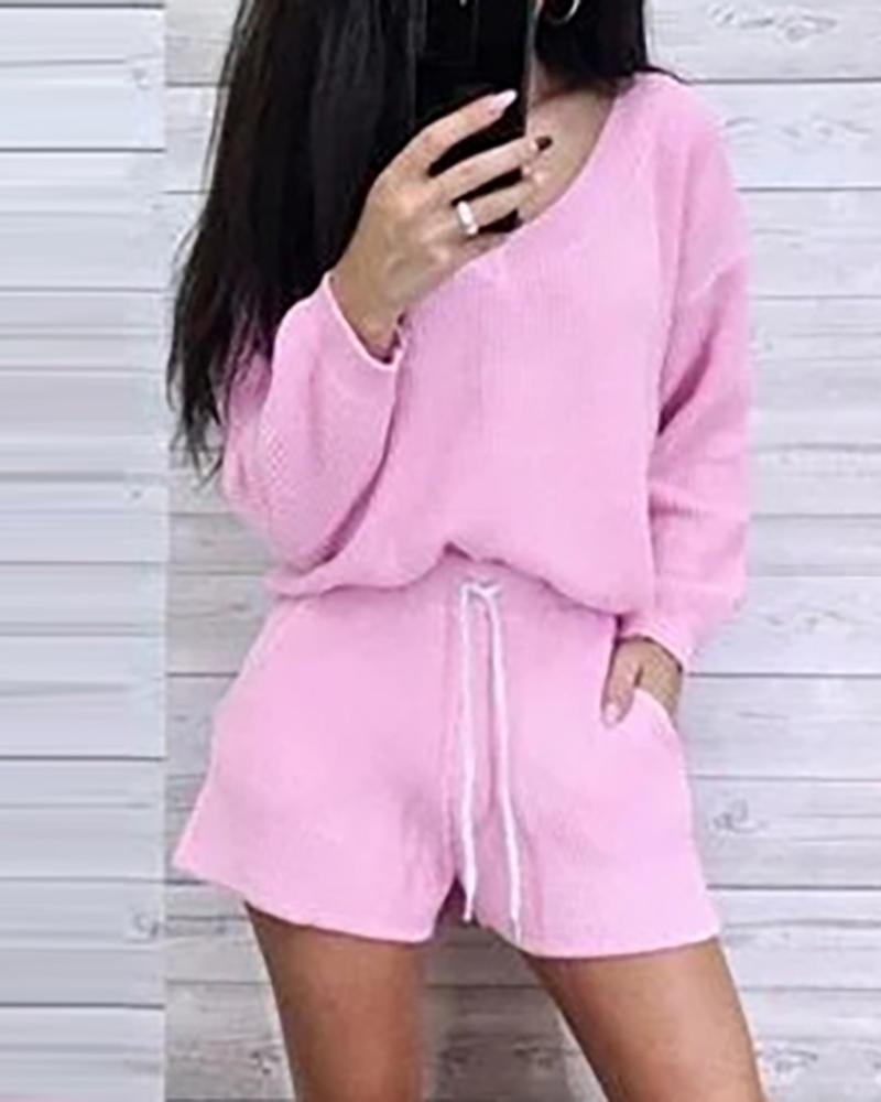 

Casual Knitted Top & Drawstring Shorts Set, Pink