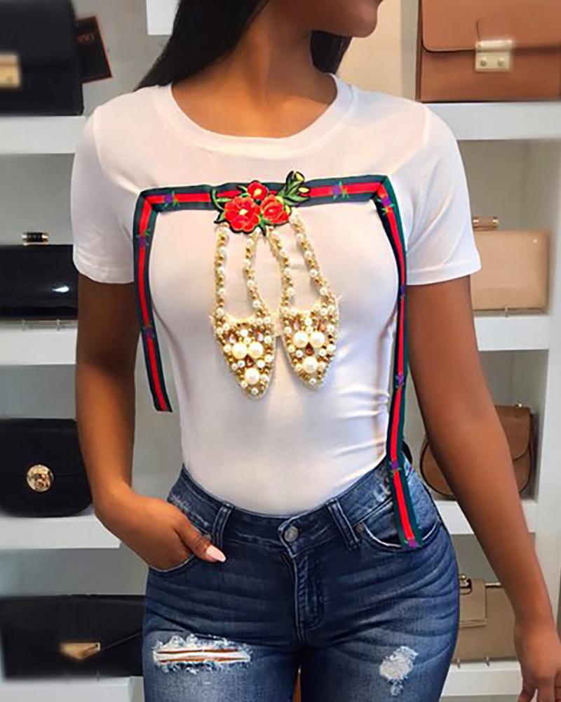 

Beaded Short Sleeve Casual T-Shirt