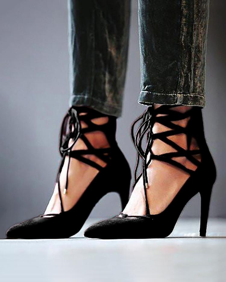 

Sexy Lace-up Caged Pointed Toe Heels, Black