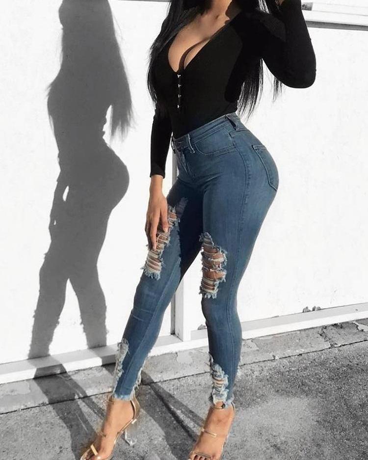 

Laddering Slit Cut Front Ripped Jeans, Blue