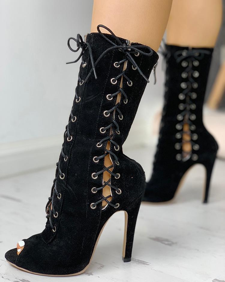 

Eyelet Lace-up Peep Toe Stiletto Boots, Black