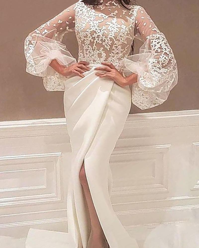 

Embroidery Puffed Sleeve Slit Evening Dress, White