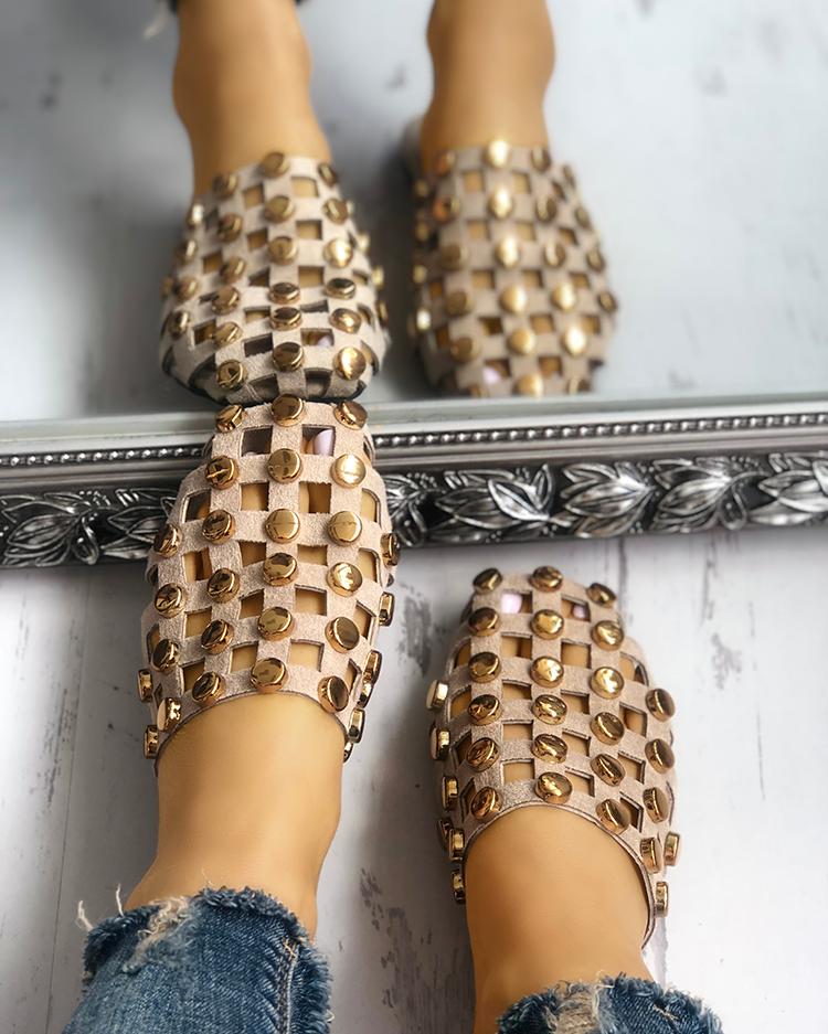 

Rivet Hollow Out Non-Slip Flat Sandals, Apricot