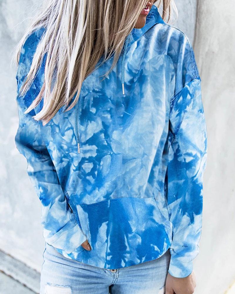 

Tie Dye Print Pocket Design Hooded Top, Blue