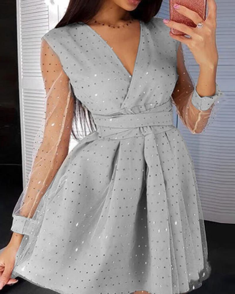 

Sheer Mesh Long Sleeve Ruched Sequin Dress, Gray