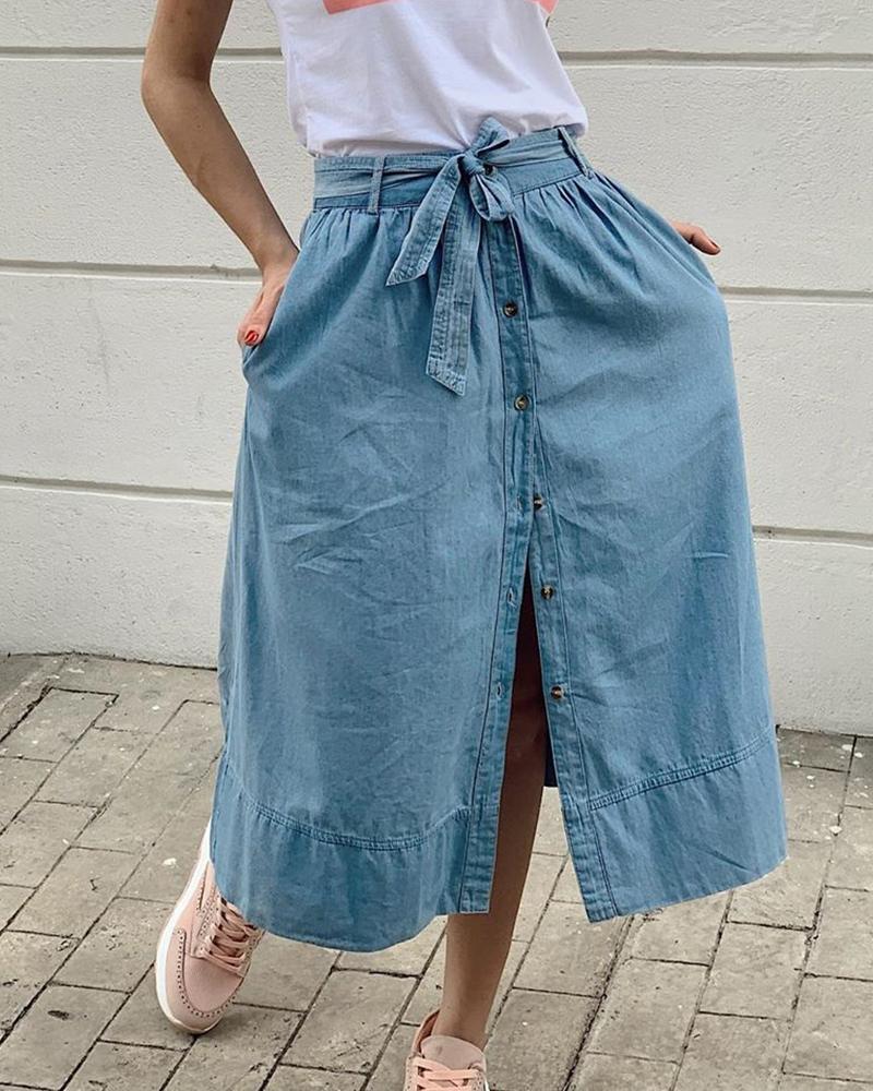 

Buttoned Front Slit Casual Denim Skirt, Blue