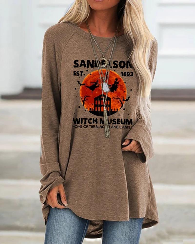 

Halloween Letter Witch Print Long Sleeve Top, Khaki