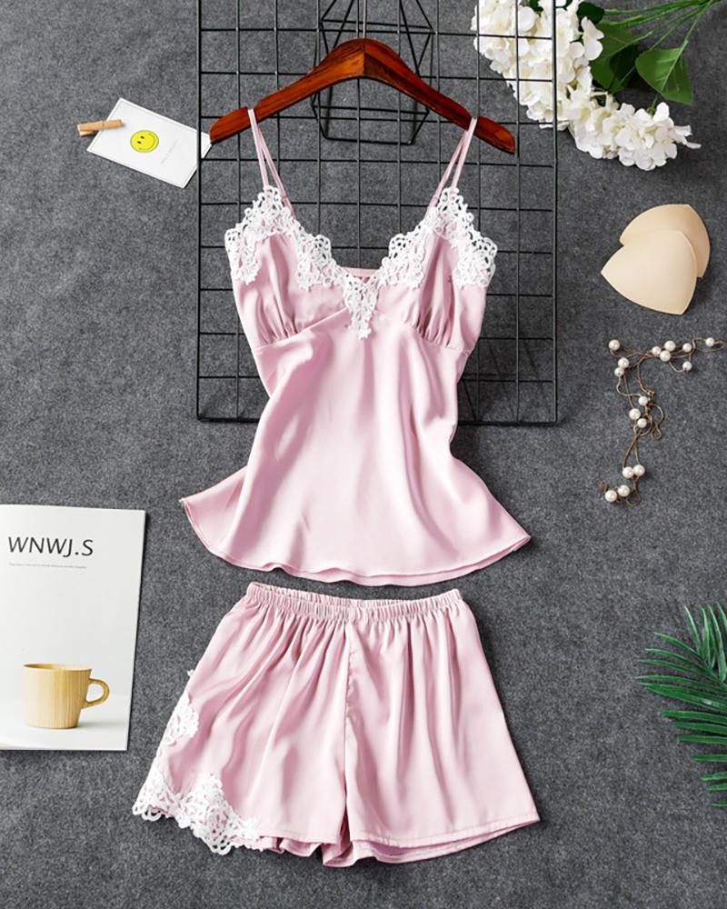 

V-neck Crochet Lace Satin Cami Set, Pink