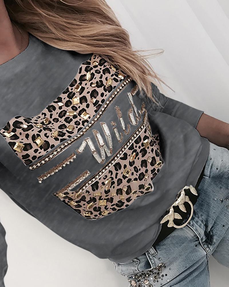 

Hot Stamping Leopard Print Round Neck Sweatshirt, Gray