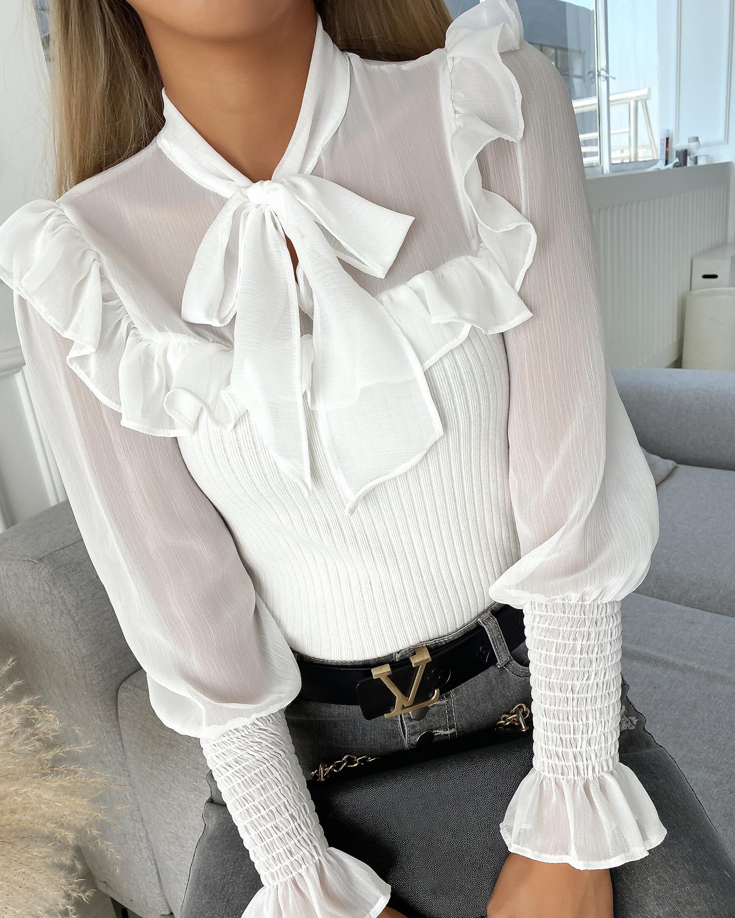 

Tie Neck Frill Hem Mesh Blouse, White