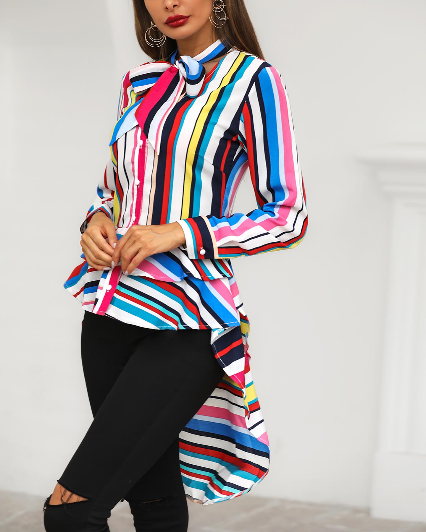 

Colorful Striped Ruffles Tied Neck Dip Hem Blouse