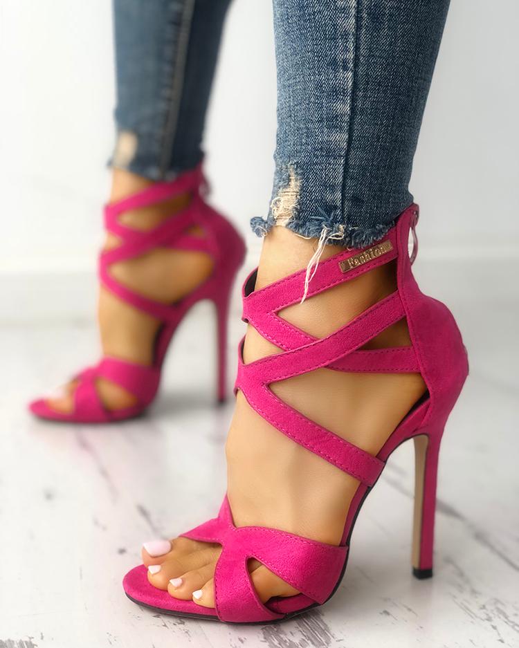 

Solid Color Caged Bandage Thin Heeled Sandals, Hot pink