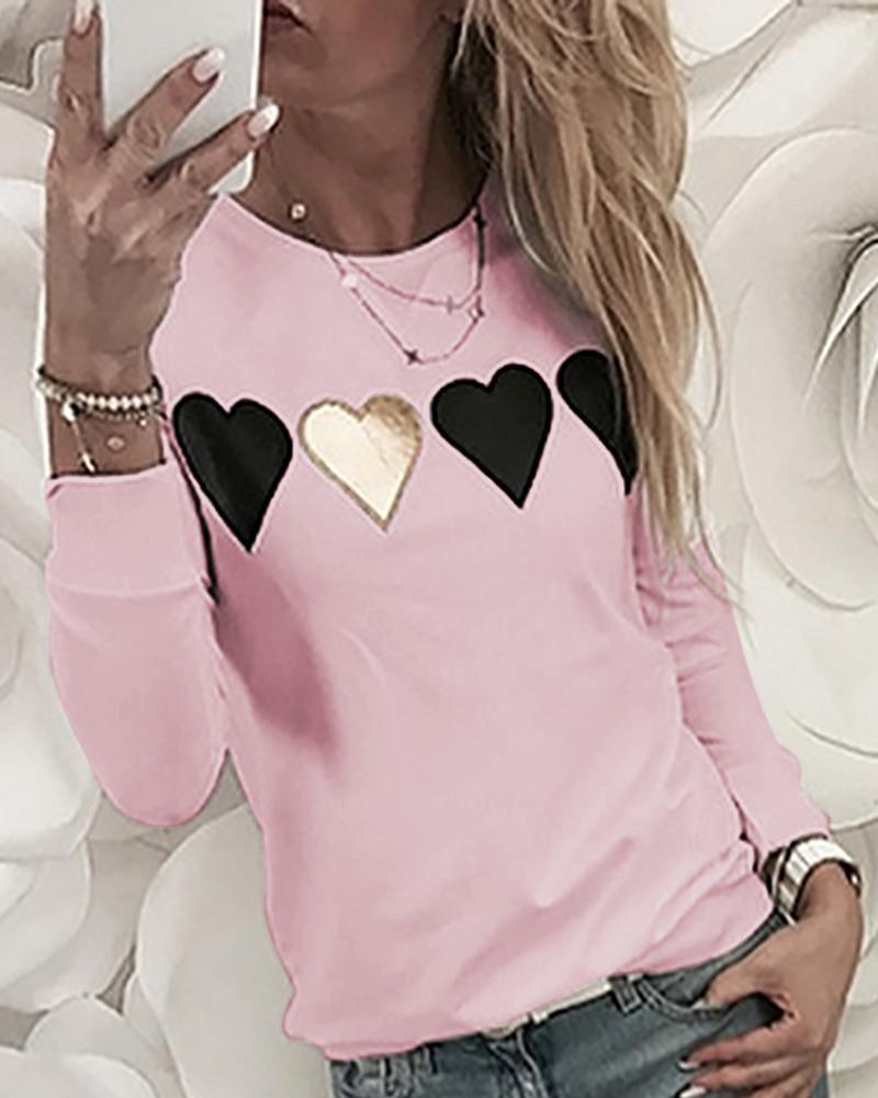 

Heart Stickers Long Sleeve Casual Sweatshirt, Pink