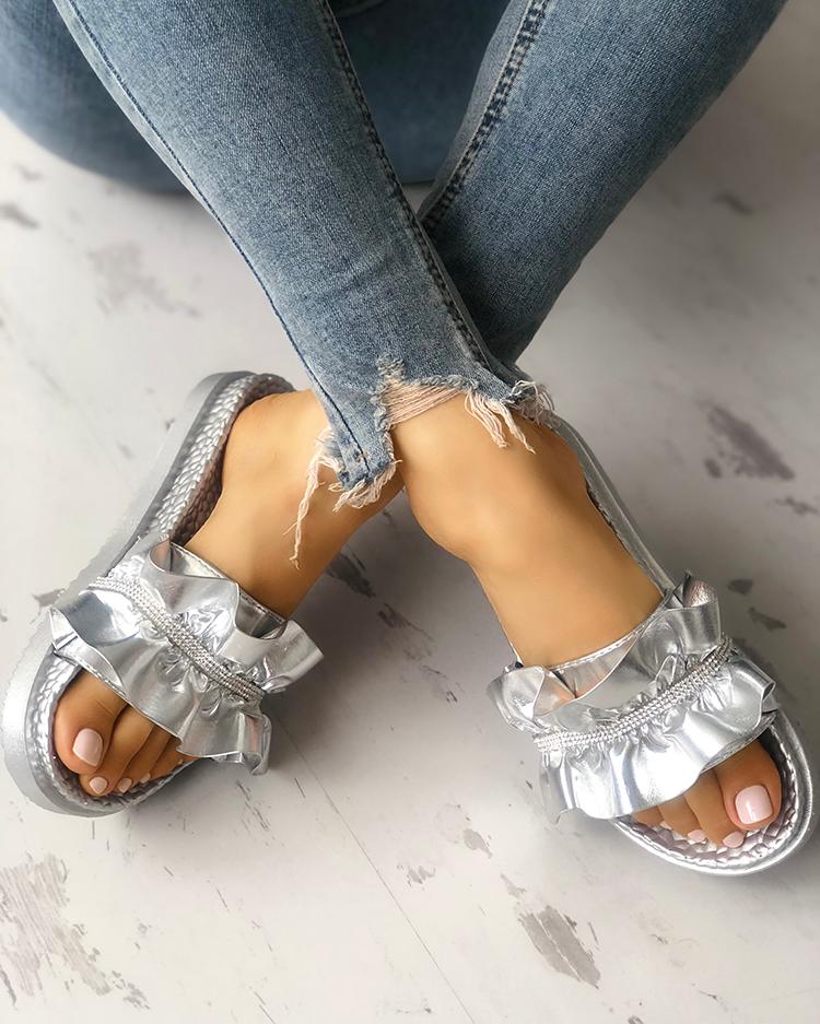 

Shiny Embellished Ruffles Peep Toe Sandals, Silver