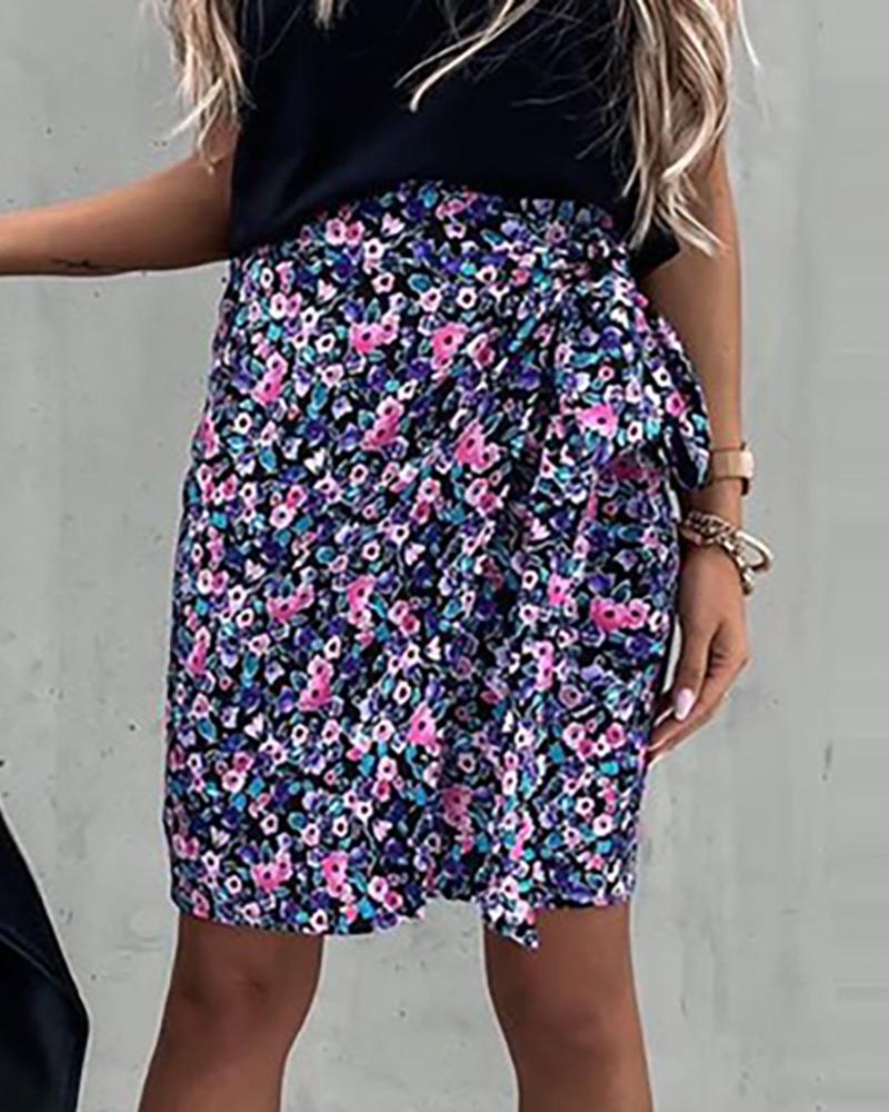 

Ditsy Floral Print Knotted Casual Skirt, Blue