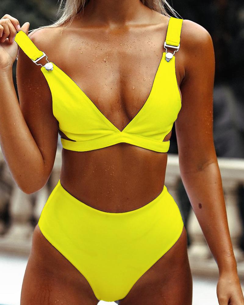 

Hang Buckle Solid Bikini Set, Yellow