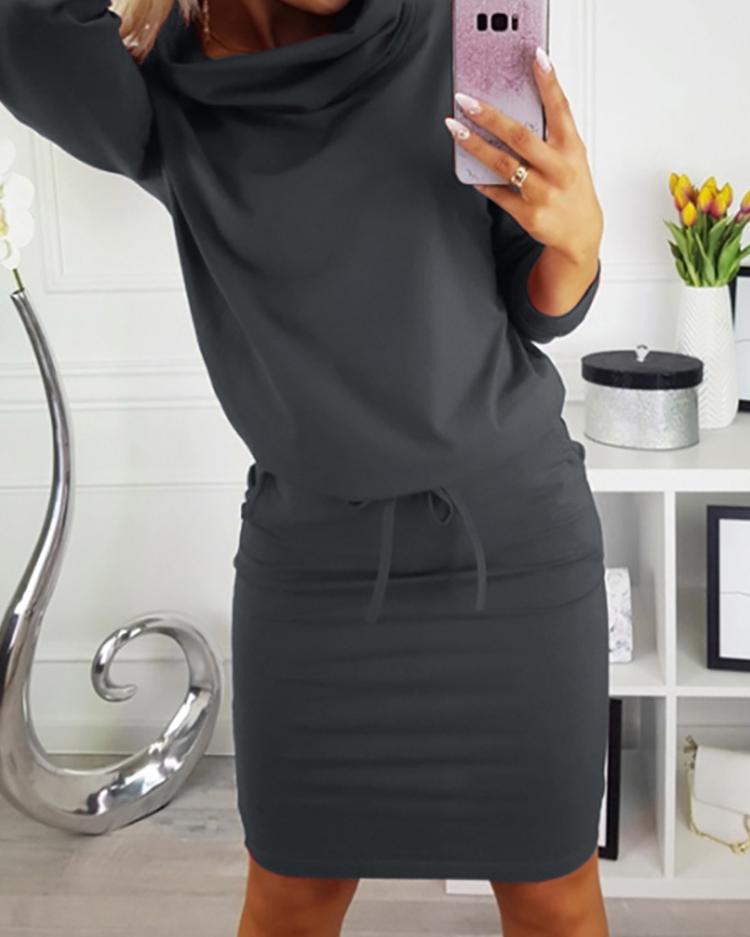 

Cowl Neck Drawstring Sweatshirt Dress, Dark grey