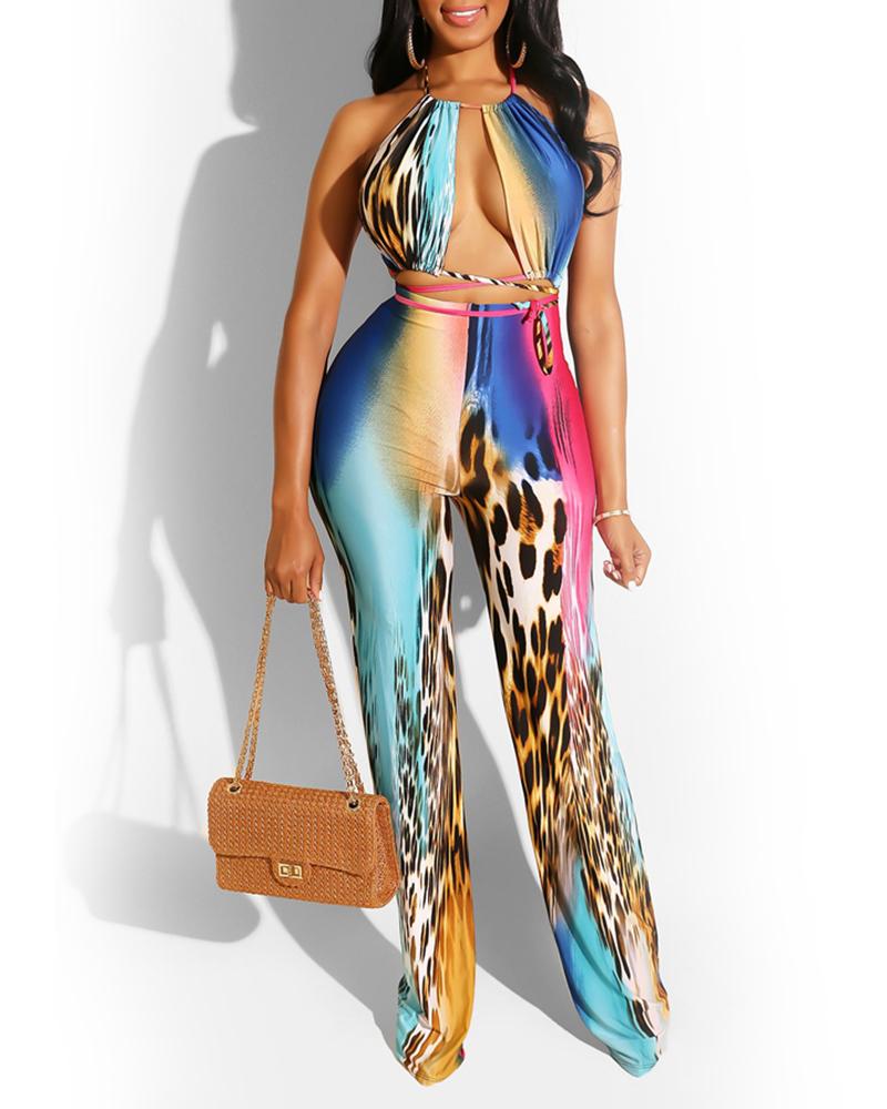 

Mixed Print Cutout Open Back Jumpsuit, Multicolor