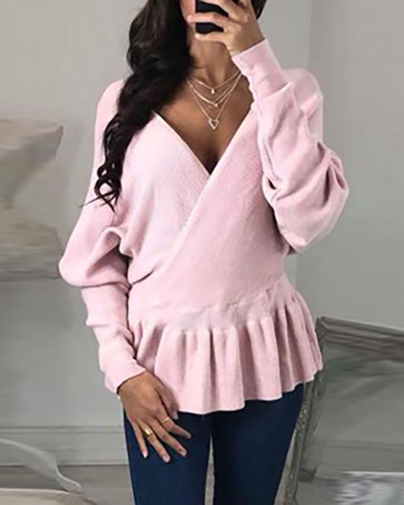 

Solid V-Neck Ruffles Hem Backless Sweater, Pink