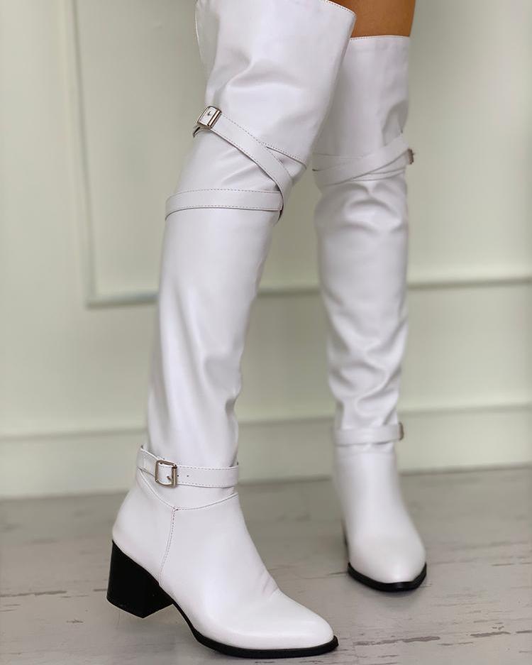 

Pointed Toe Over The Knee Chunky Heeled Boots, White