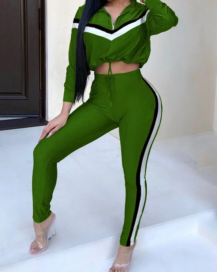 

Contrast Stripes Crop Top & Long Pants Sets, Green