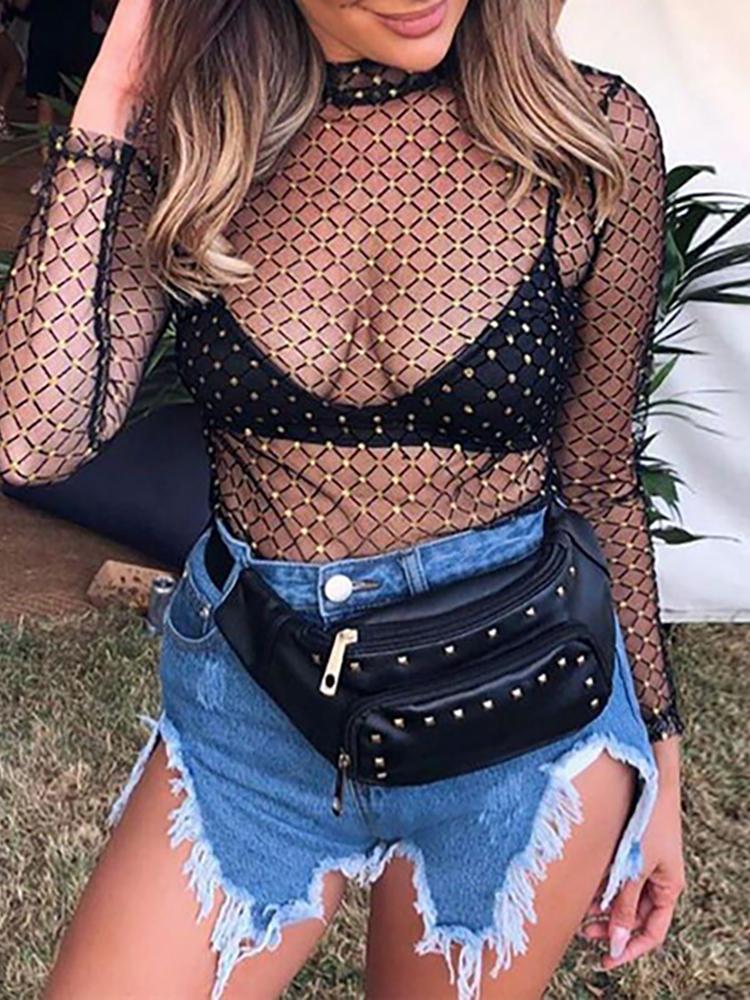 

High Neck Geo See Through Bodysuit, Black