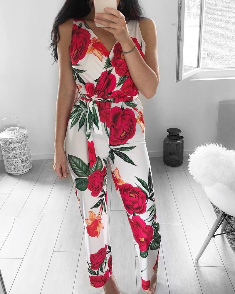 

Floral Print Sleeveless Casual Jumpsuit, Hot pink