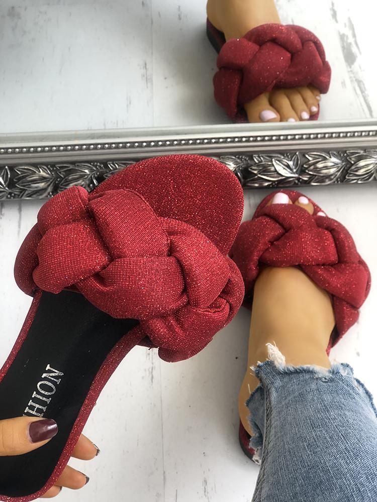 

Glitter Braided Design Flat Sandals, Red