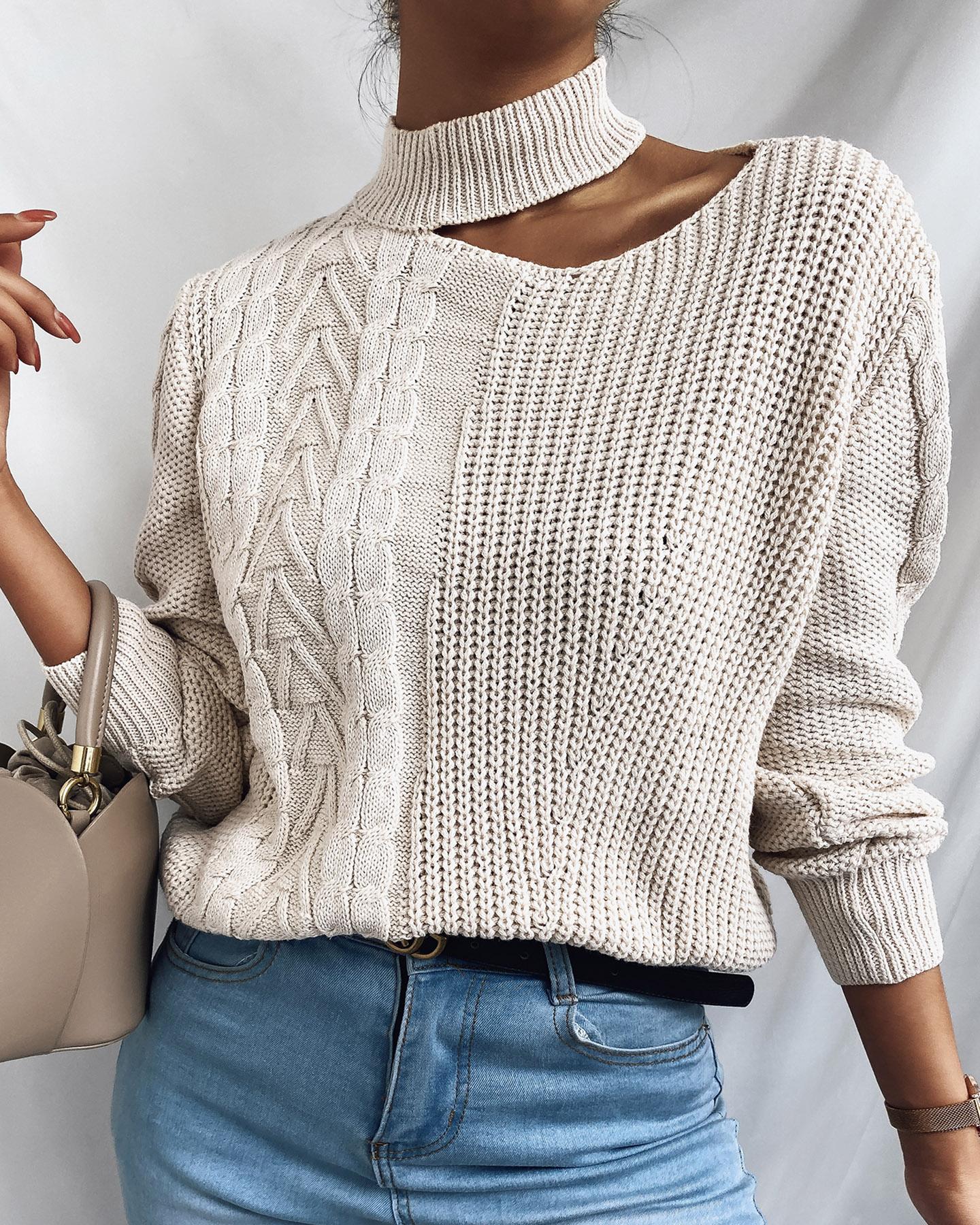 

Cutout High Neck Cable Knit Sweater, White