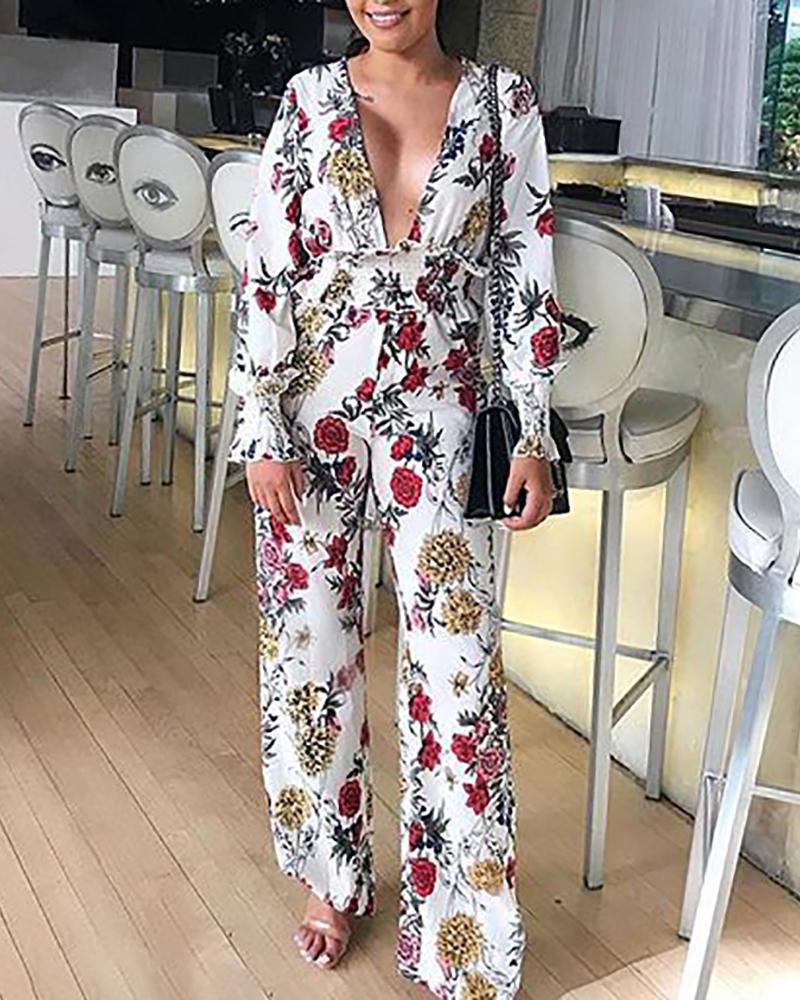 

V-neck Wide Leg Floral Jumpsuit, White
