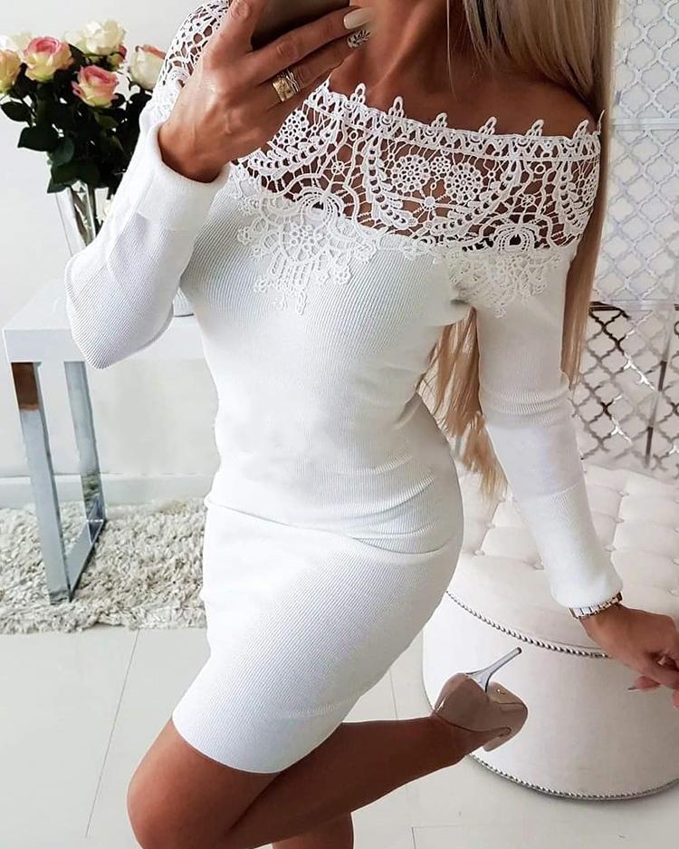 

Off Shoulder Crochet Lace Insert Bodycon Dress, White