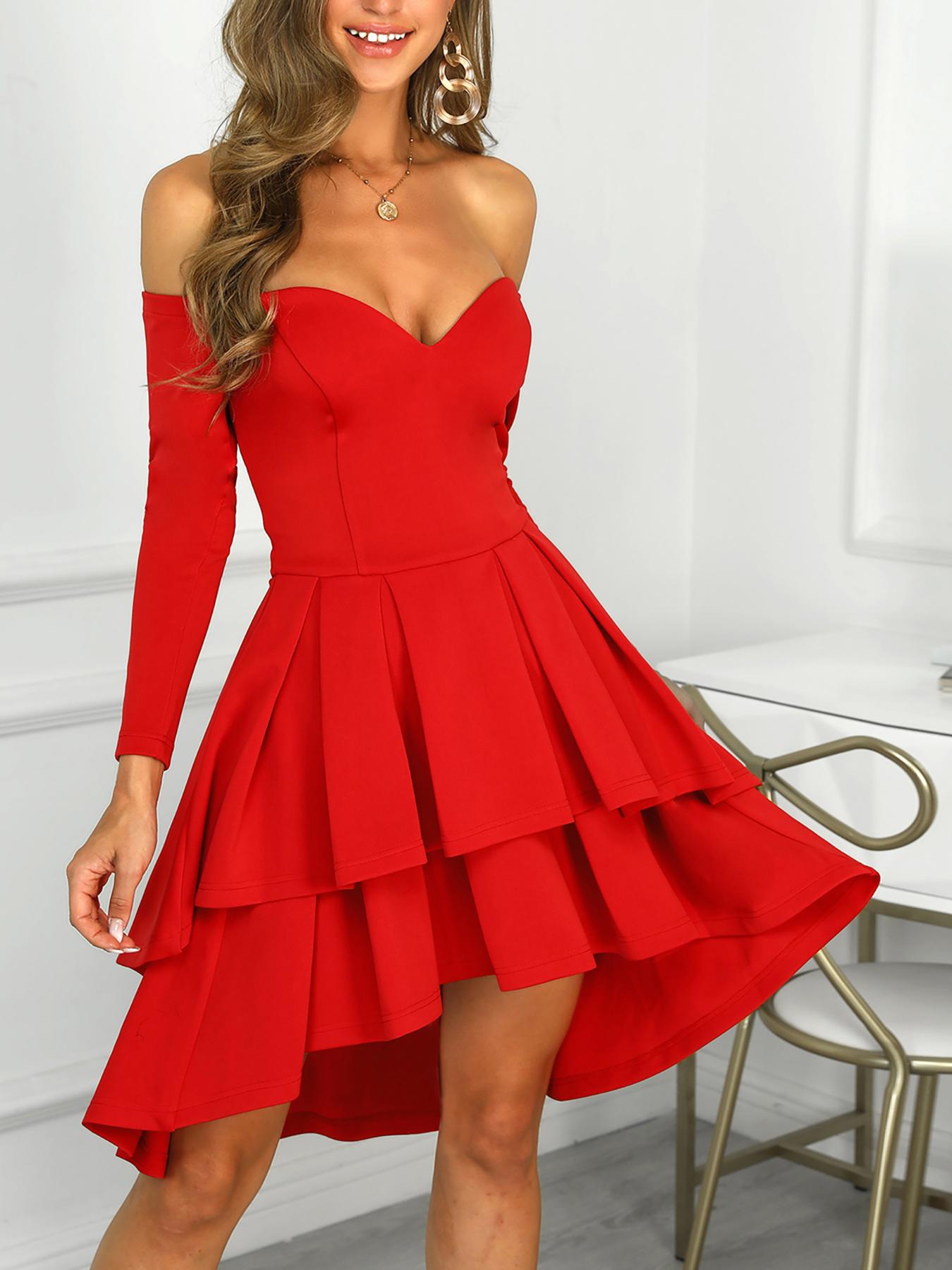 

Off Shoulder Ruffles Dip Hem Dress
