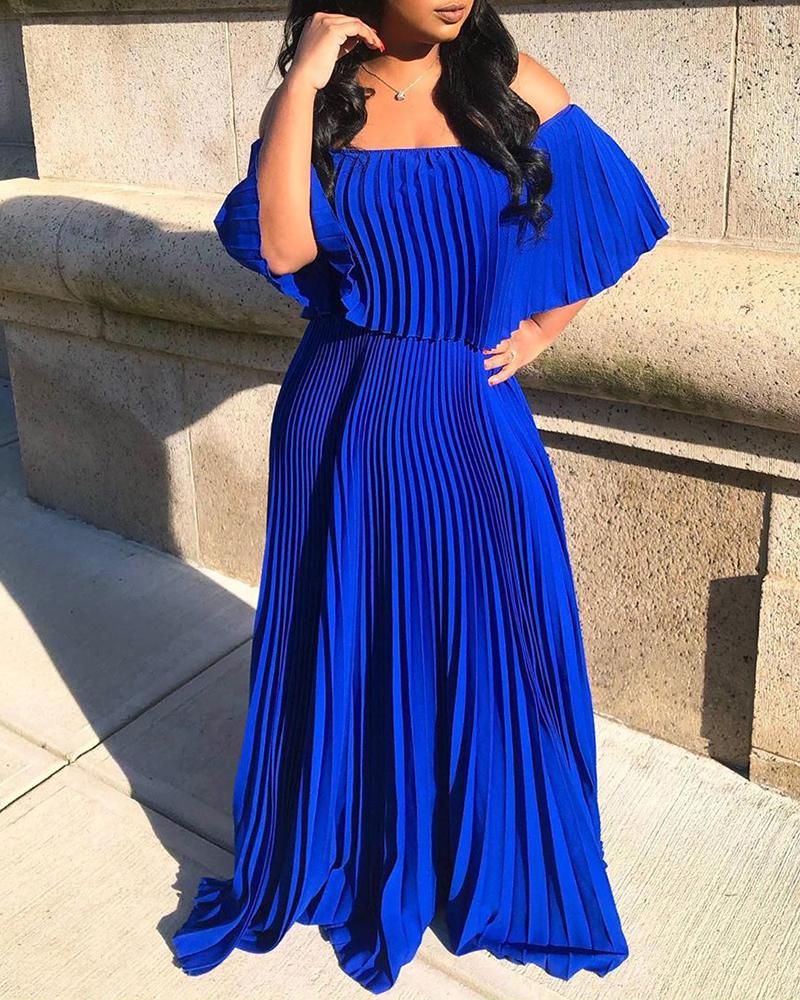 

Solid Ruffles Off Shoulder Pleated Dress, Blue