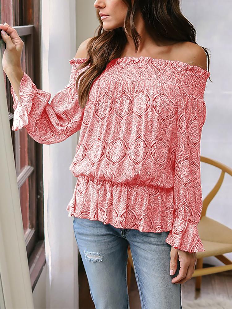 

Fashion Shirring Off Shoulder Ruffle Hem Blouse