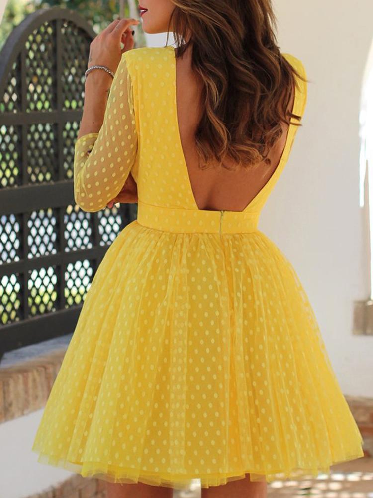 

Layered Sheer Mesh Open Back Dress, Yellow