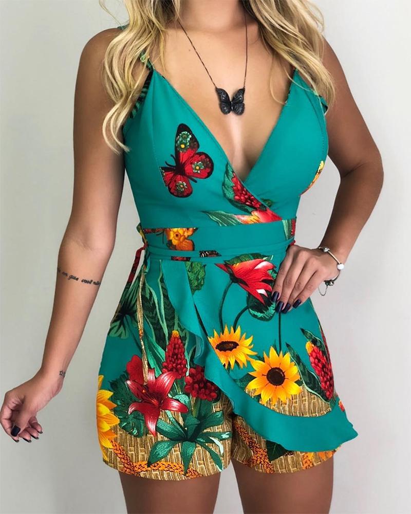 

Garden Floral V Neck Romper, Green
