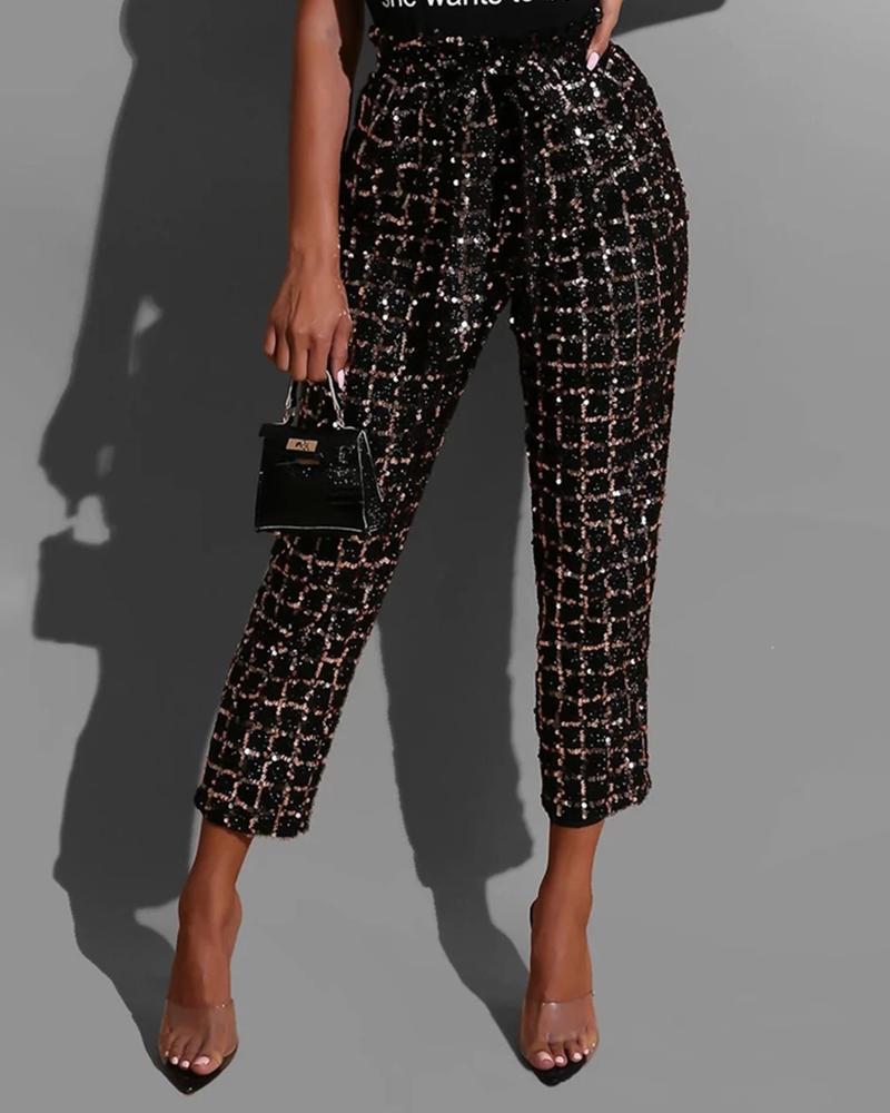 

Glitter High Waist Plaid Sequins Pants, Black