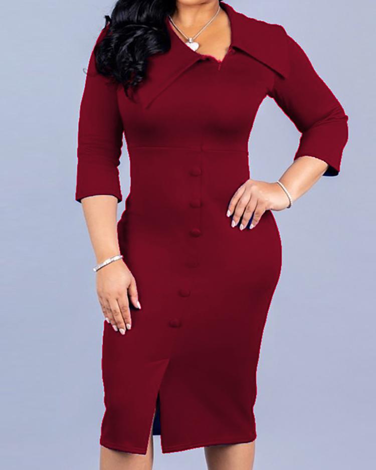 

Turn Down Collar Button Detail Dress, Wine red
