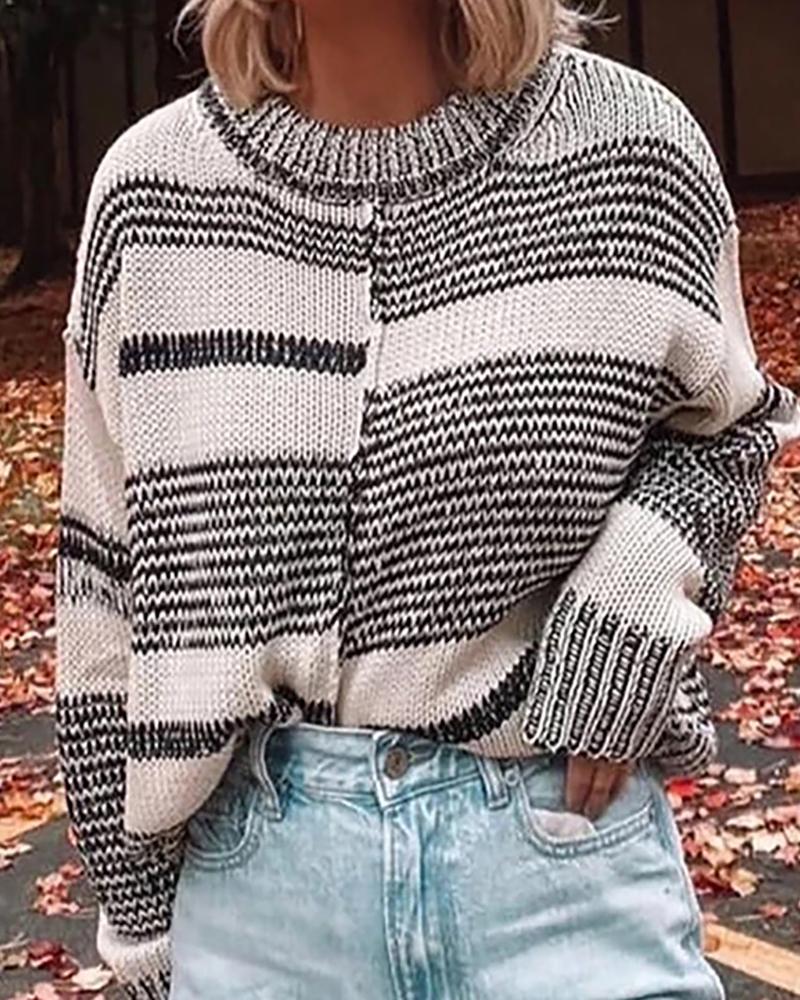 

Colorblock Long Sleeve Casual Knit Sweater, White