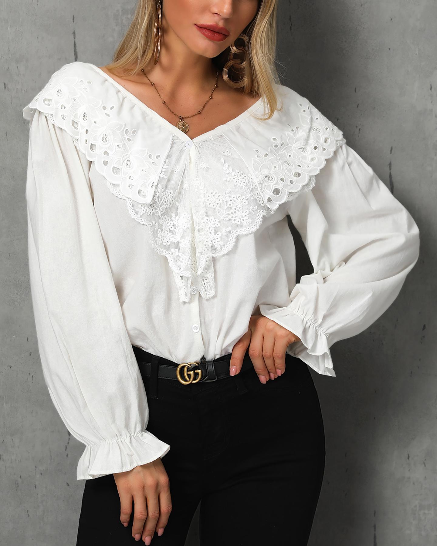 

Lantern Sleeve Lace Trim Casual Blouse, White