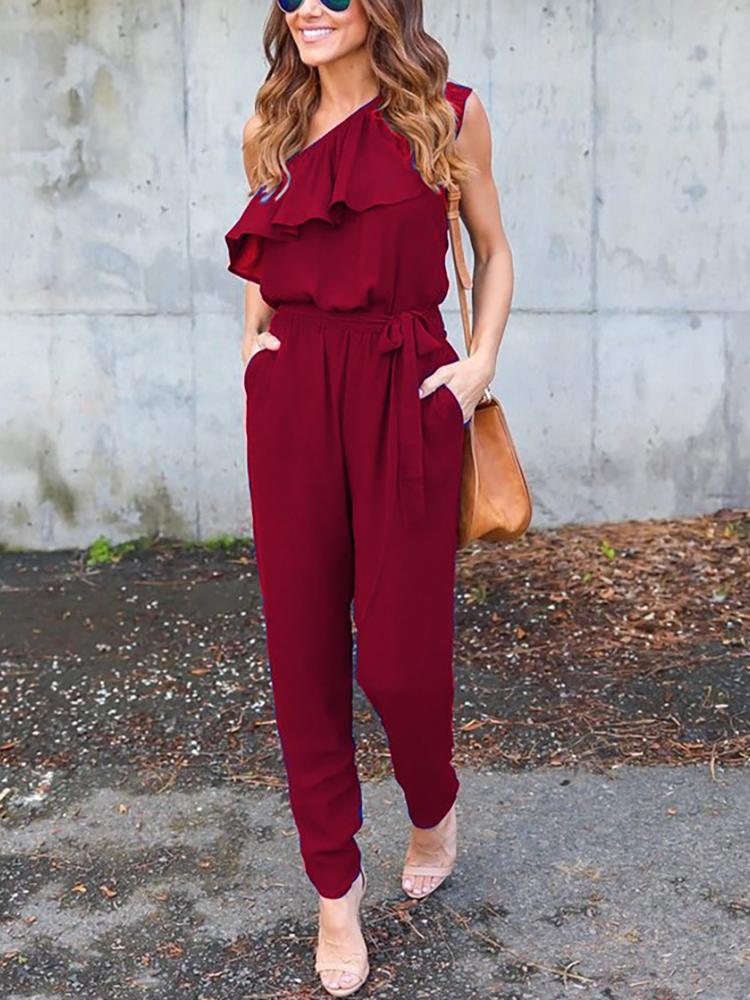 

One Shoulder Ruffled Casual Jumpsuit, Wine red