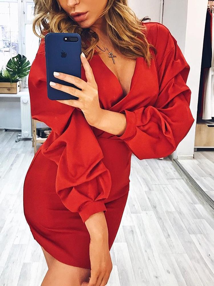 

V-Neck Lantern Sleeve Wrap Dress