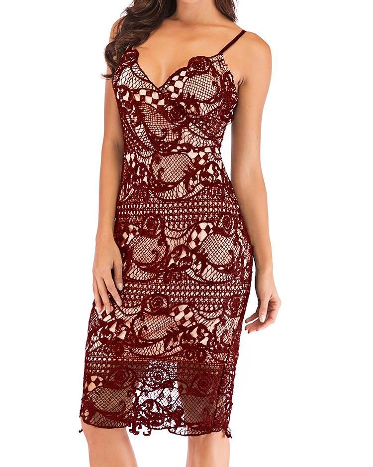 

Surplice Front Spaghetti Strap Lace Dress, Wine red