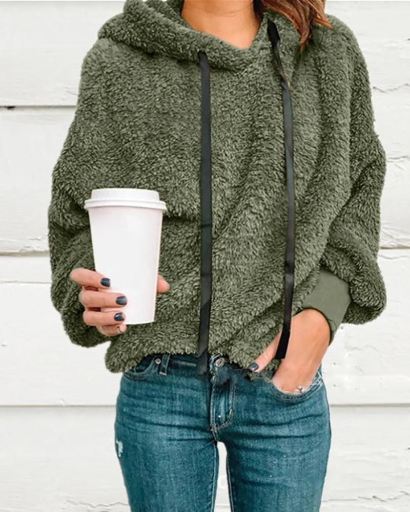 

Plain Long Sleeve Hooded Teddy Sweatshirt, Green