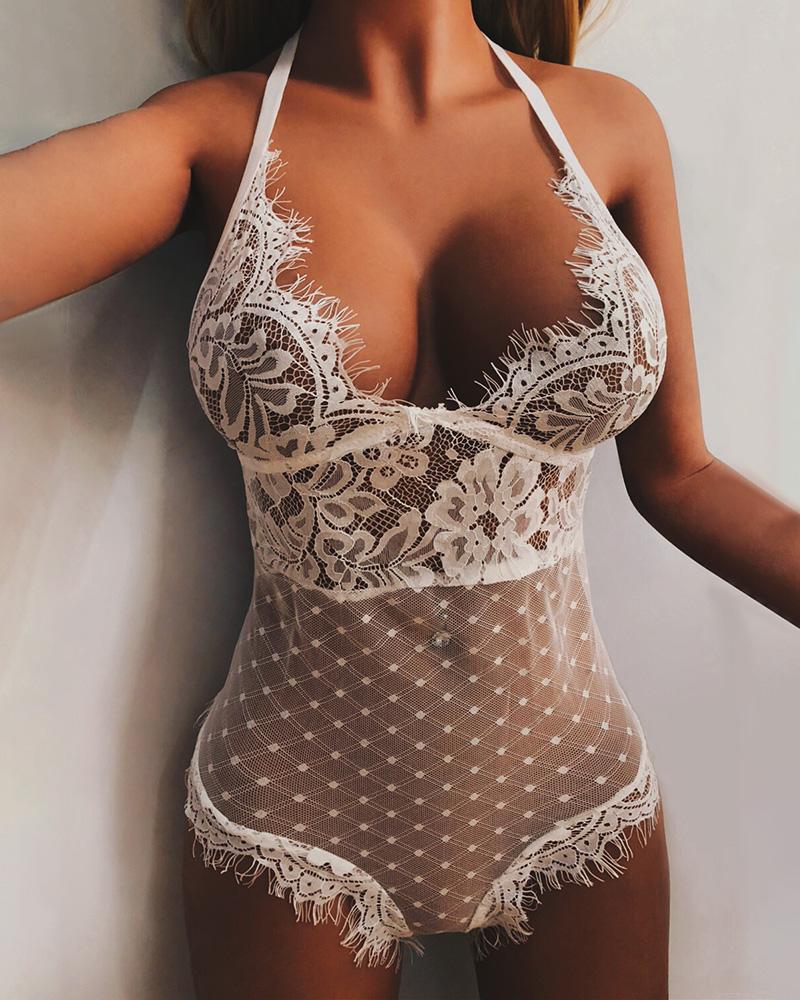 

Eyelash Lace See Through Teddy Bodysuit, White