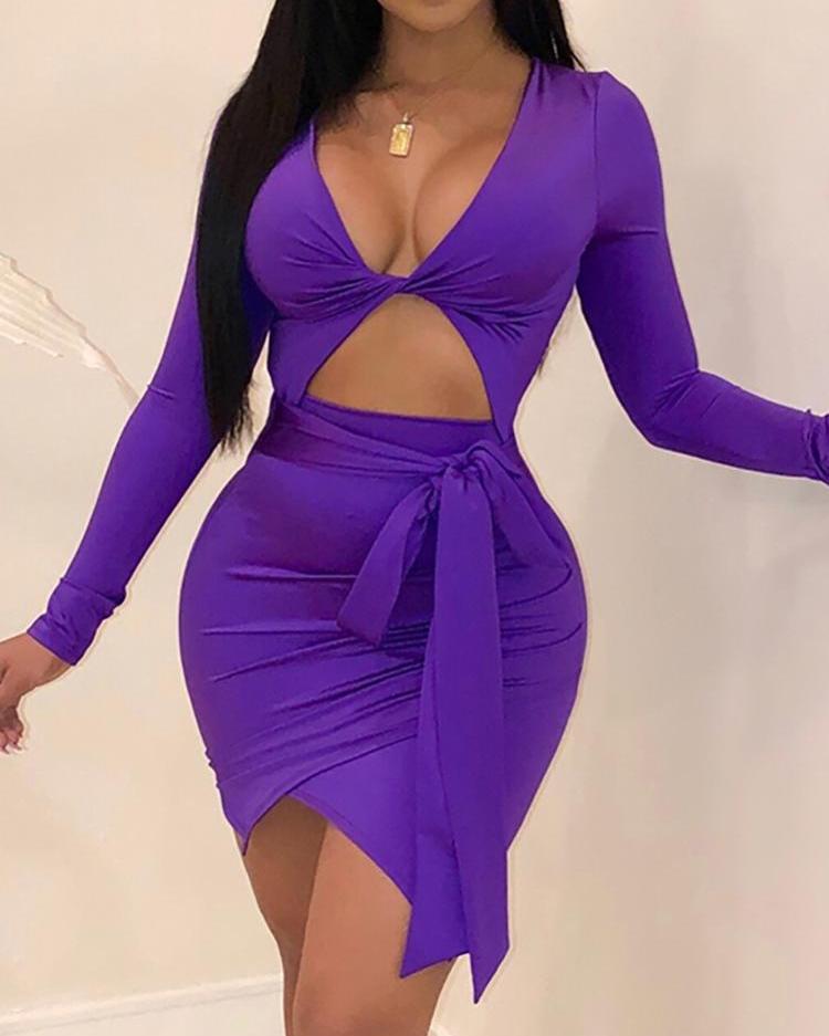 

Twist Front Cut Out Belted Irregular Dress, Purple