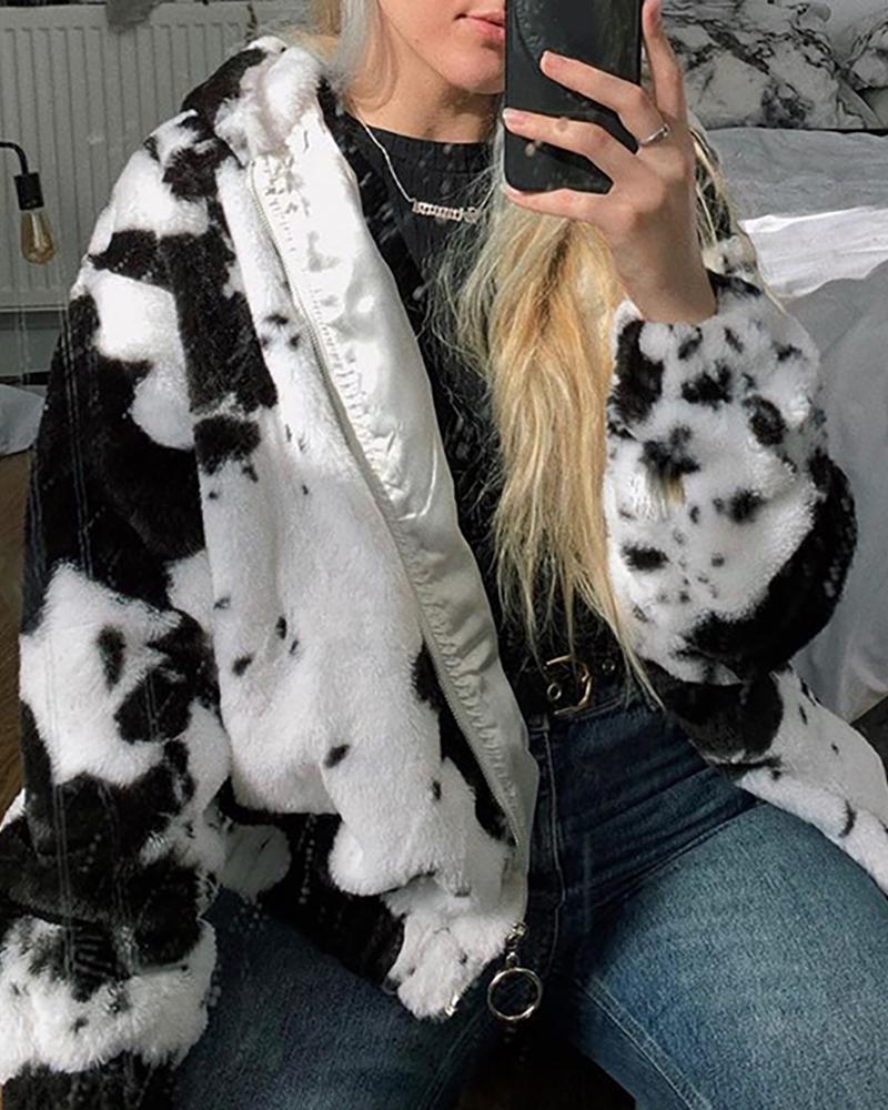 

Cow Print Colorblock Zip Hooded Teddy Coat, White