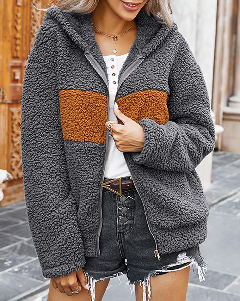 

Colorblock Long Sleeve Hooded Teddy Coat, Gray