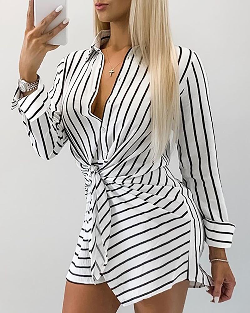

Striped Long Sleeve Irregular Shirt Dress, White