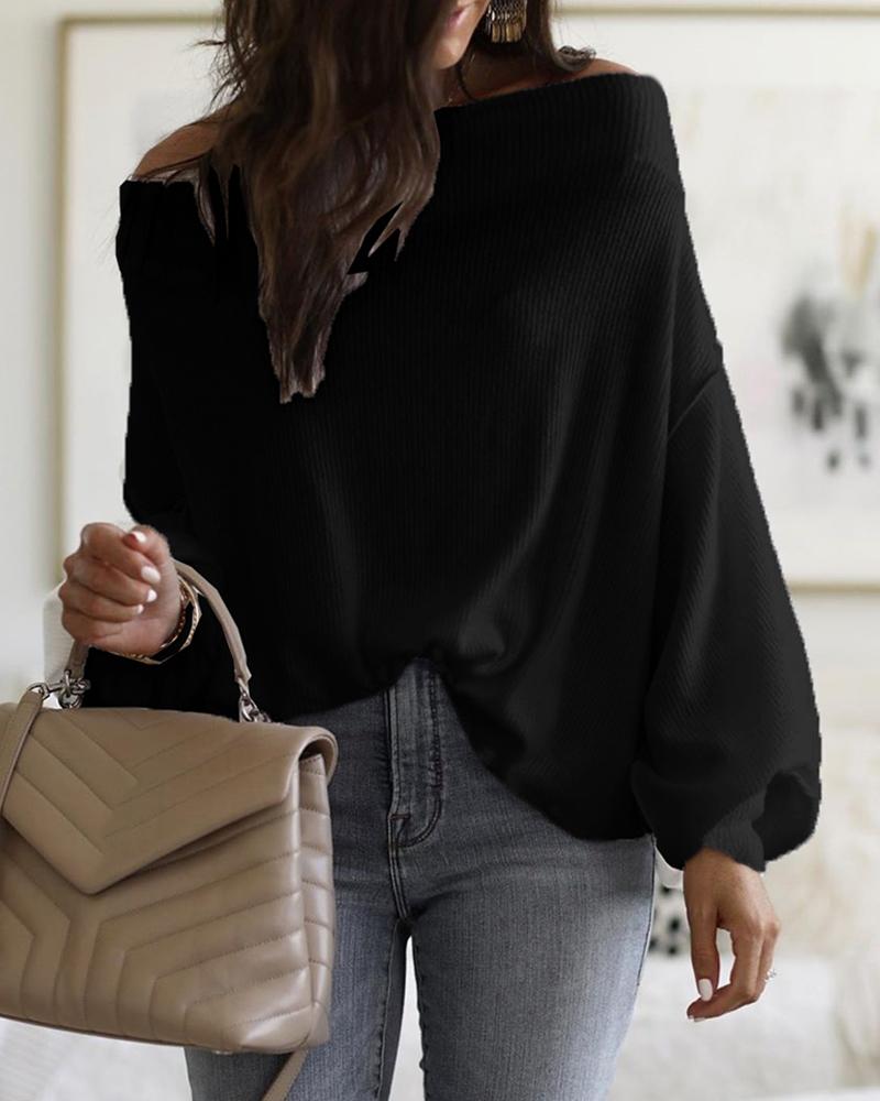 

Off Shoulder Lantern Sleeve Ribbed Blouse, Black